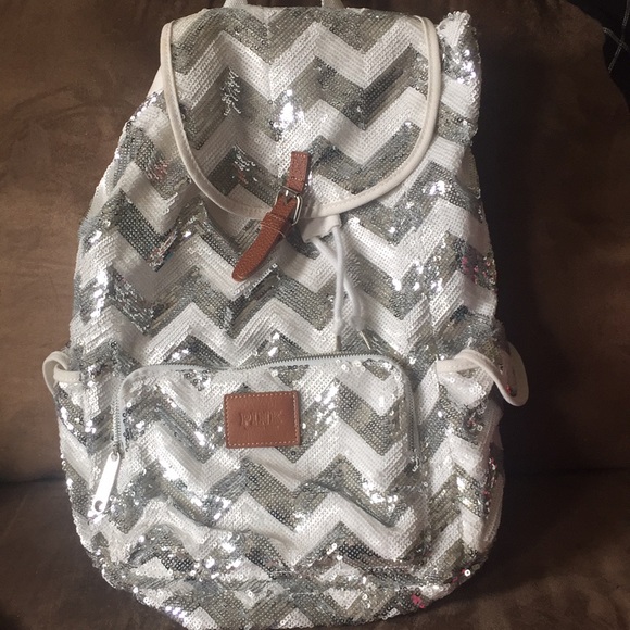 PINK Victoria's Secret Handbags - VS PINK Sequined Silver and White Chevron Backpack